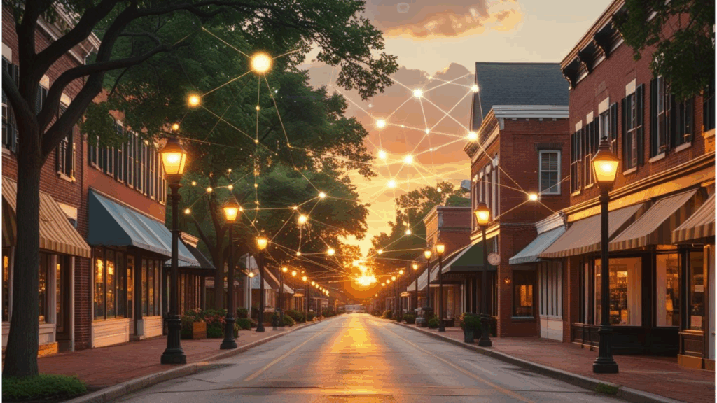 A small town main street at dusk with digital overlays suggesting technology and AI