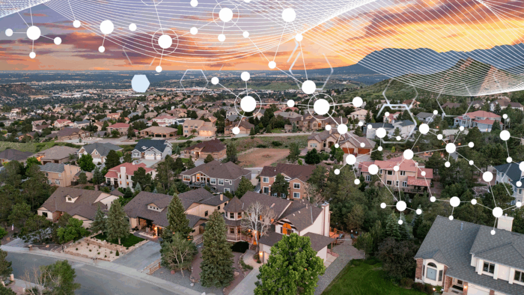 Image of a suburban neighborhood with digital graphic overlay