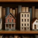 A row of houses sitting on a bookshelf