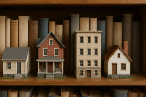 A row of houses sitting on a bookshelf